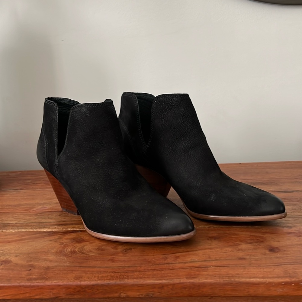 Frye booties, black suede with ankle cut outs, and smooth soles.